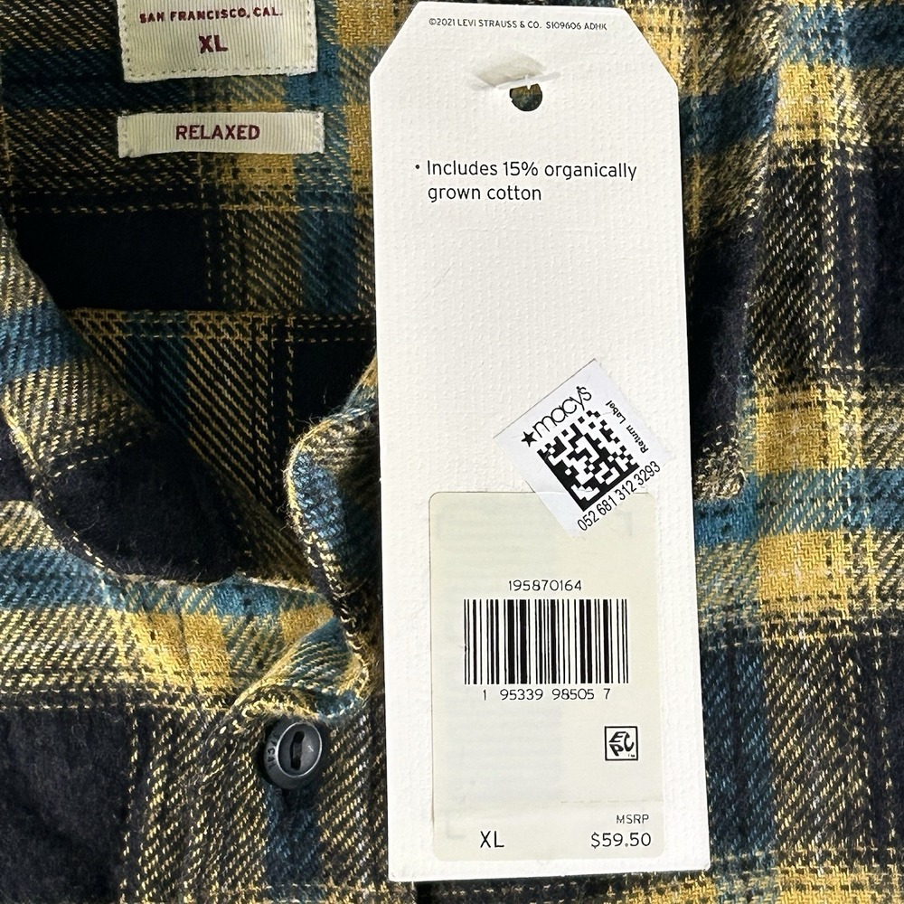 Levi's Mens X-Large Flannel Shirt The Worker Relaxed Fit Plaid Yellow Blue Black - Picture 3 of 7